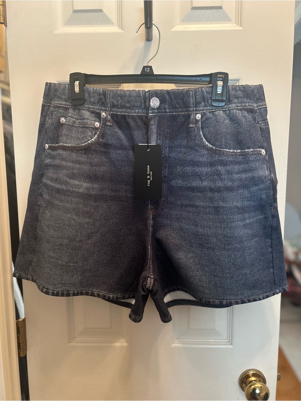 NWT Rag & Bone Miramar Medium Blue Denim Printed Terry Pull On Shorts. Size XXL.